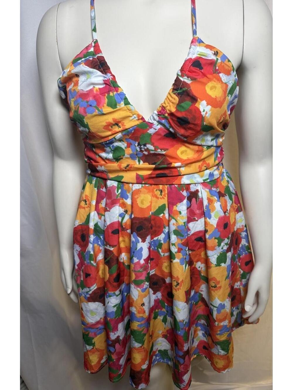 Women's Floral Print Criss Cross Cami Dress Tie Back Flared Mini Dress Large
